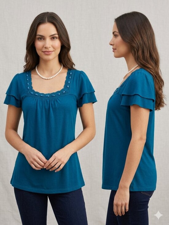 Crystal Kobe Tops - Crystal Kobe Blue Square Neck Lace Beaded Flutter Sleeve Knit Top - Size Small